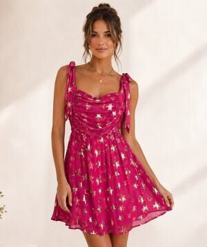 CIEBON Metallic Star Tie Strap Chiffon Mini Dress Size Small